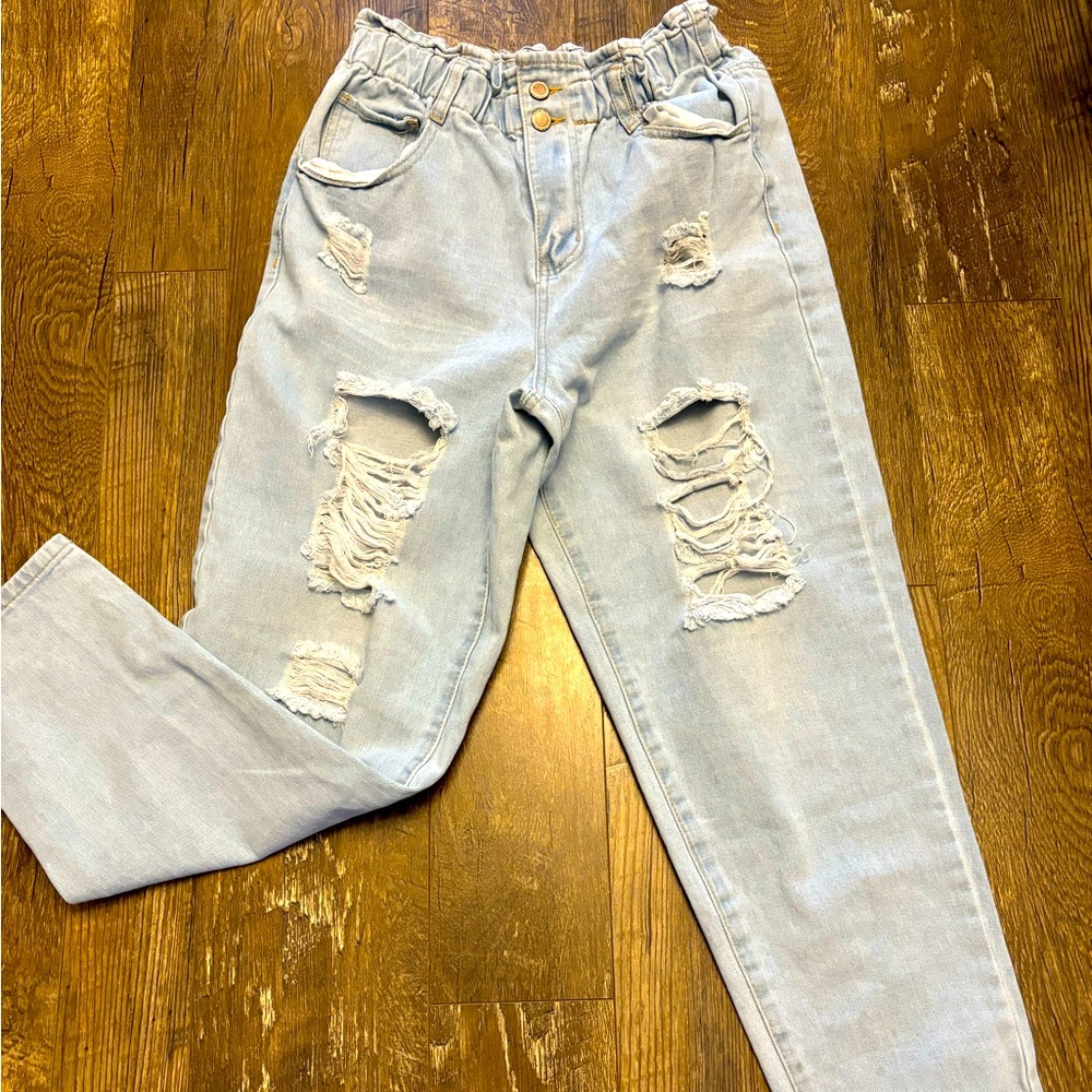 Elite Jeans Size M Distressed High Waist Stretch Paper Bag Style